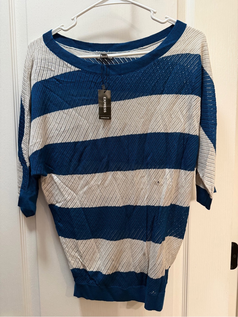 Express Blue and White Open-Knit Striped Top